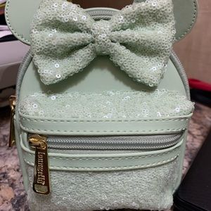 Disney Parks Minnie Mouse Bow Mint Green Sequin Loungefly Mini Backpack Wristlet